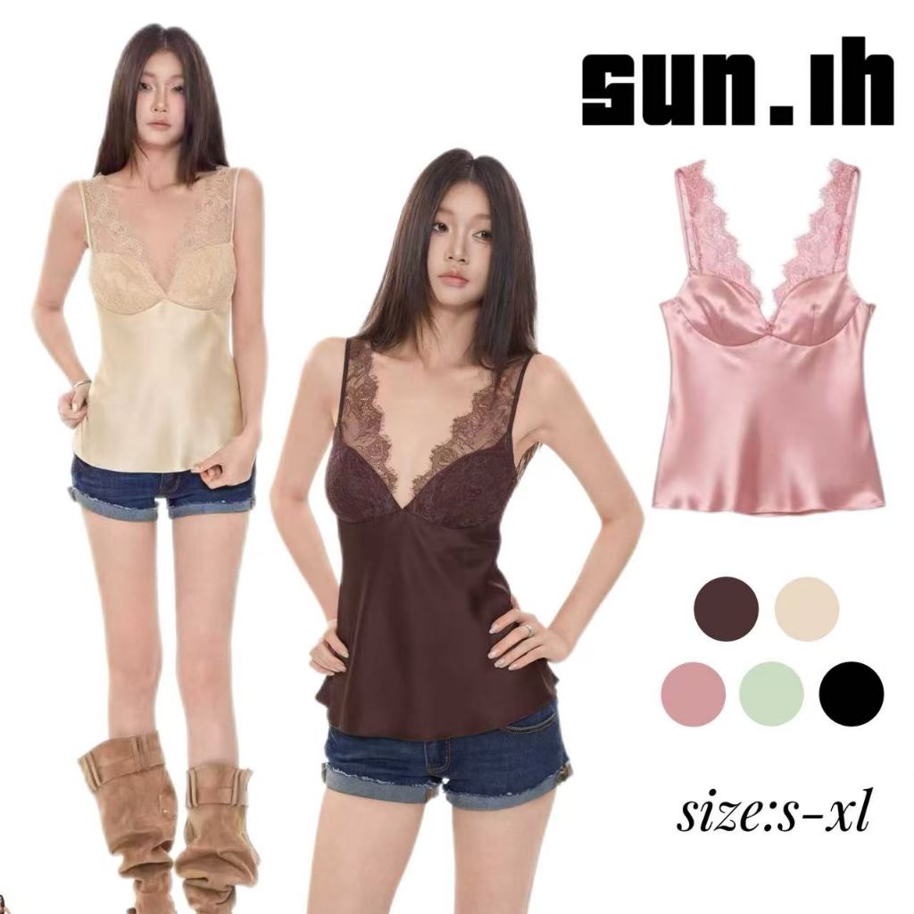 SUN🛍️พร้อมส่ง🛍️เสื้อสายเดี่ยวแขนกุดคอวีแต่งลูกไม้สุดเซ็กซี่สำหรับผู้หญิง สไตล์ใหม่ปี 2026