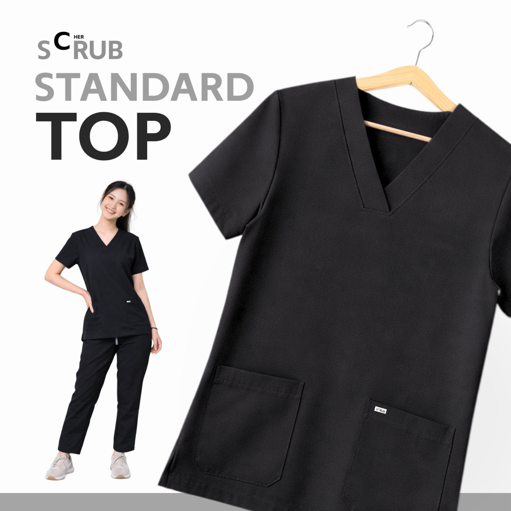 เสื้อสครับ ชุดสครับสีดำ ชุดสครับคุณหมอ ทันตแพทย์ เภสัชกร รุ่น Standard (Unisex) ยับยาก ไม่ติดขนสัตว์ l Cher Scrub