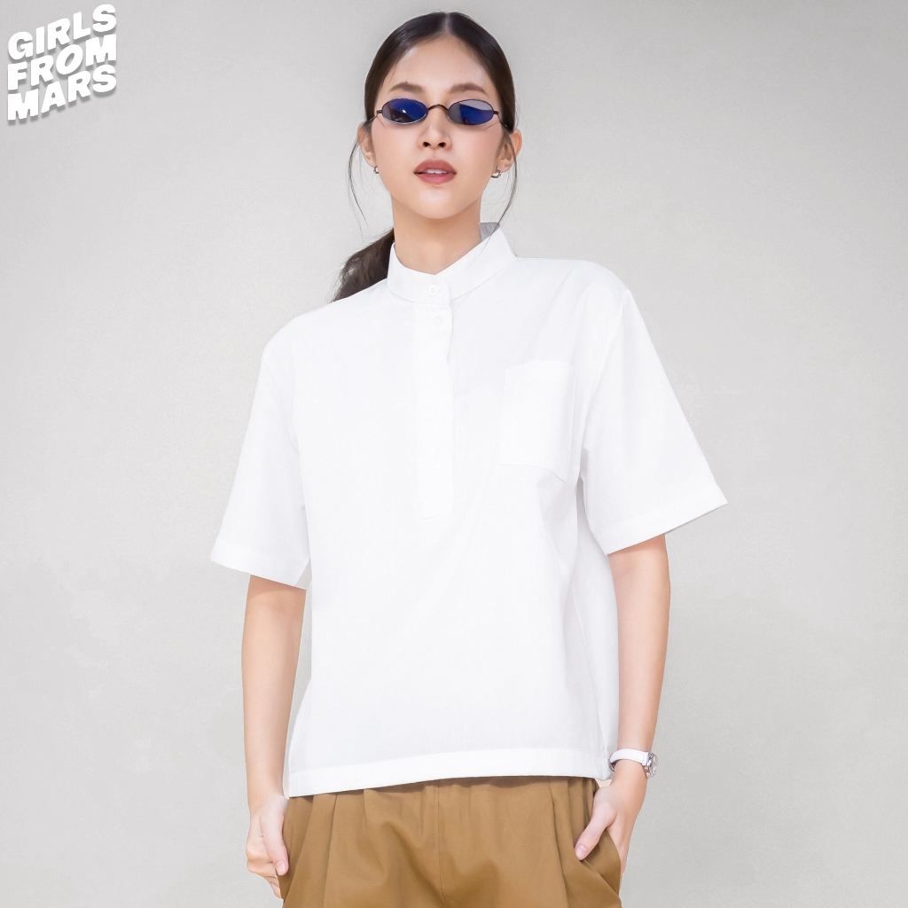 GirlFromMars เสื้อเชิ้ตแขนสั้นผู้หญิง ทรง Oversized คอจีน (Stand Collar) ผ้า Cotton 100% นุ่มใส่สบาย เสื้อเชิ้ตมินิมอล