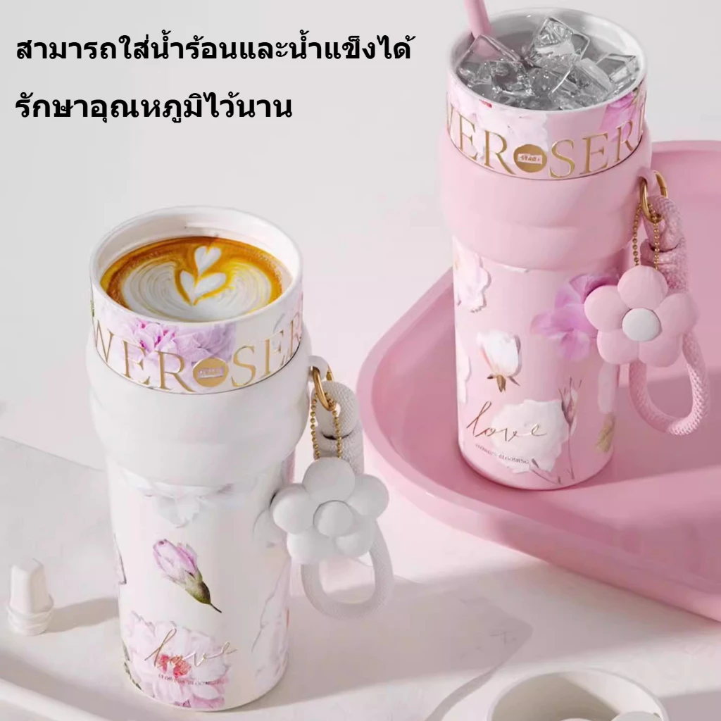 UCOCOLLA Floral Series 710ml แก้วกาแฟสแตนเลสซับเซรามิกพร้อมฝาปิดกระติกน้ําสูญญากาศ แก้วเก็บความเย็น thumbnail 5