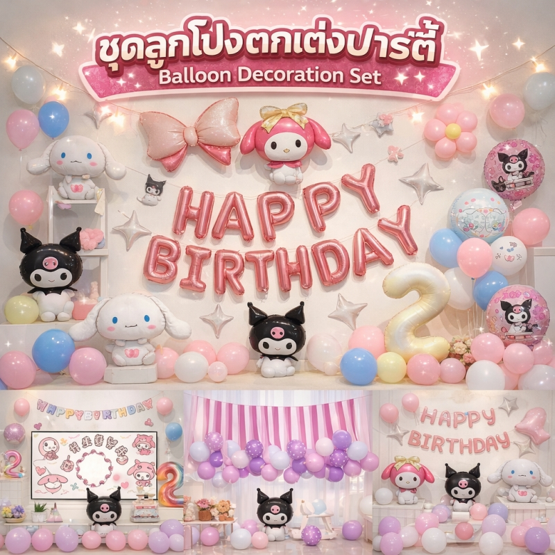 🎈ลูกโป่งฟอยล์ Sanrio คุโรมิ ลูกโป่งวันเกิด ชุดลูกโป่ง Happy Birthday สำหรับตกแต่งปาร์ตี้