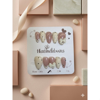 เล็บเจลแท้8 ครีมมี่นู้ดกับโบว์ขาวนวล