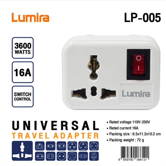 หัวแปลงปลั๊กไฟ Universal Lumira LP-005 รองรับ 110-250V 16A 3600W มีสวิตช์เปิด-ปิด