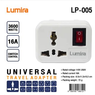 หัวแปลงปลั๊กไฟ Universal Lumira LP-005 รองรับ 110-250V 16A 3600W มีสวิตช์เปิด-ปิด