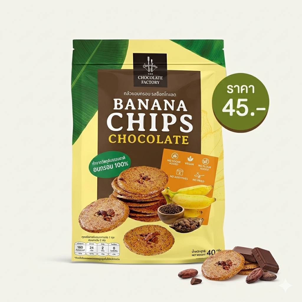 ฺThe Chocolate Factory : กล้วยน้ำว้าอบกรอบ Banana Chips แครกเกอร์แผ่นบางกลม อบกรอบ รสช็อกโกแลตและออริจินอล