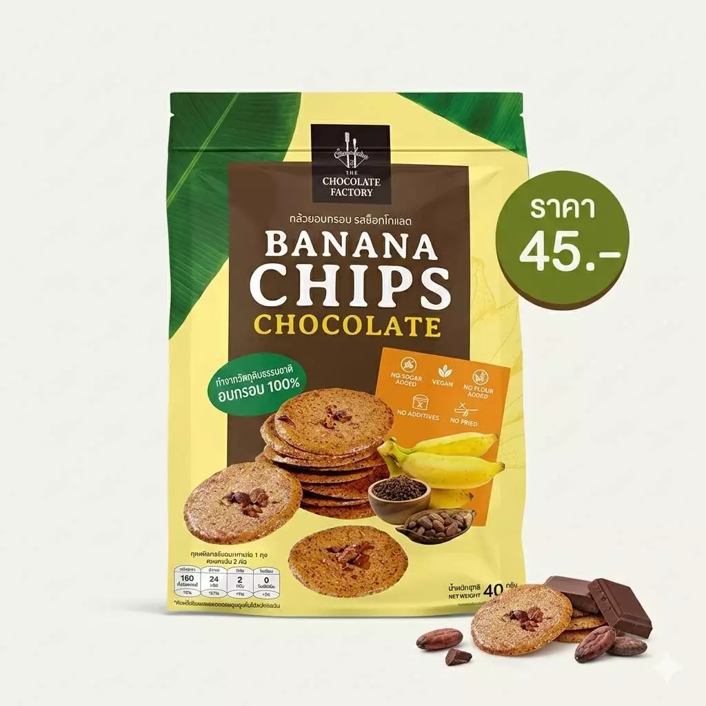 ฺThe Chocolate Factory : กล้วยน้ำว้าอบกรอบ Banana Chips แครกเกอร์แผ่นบางกลม อบกรอบ รสช็อกโกแลตและออริจินอล