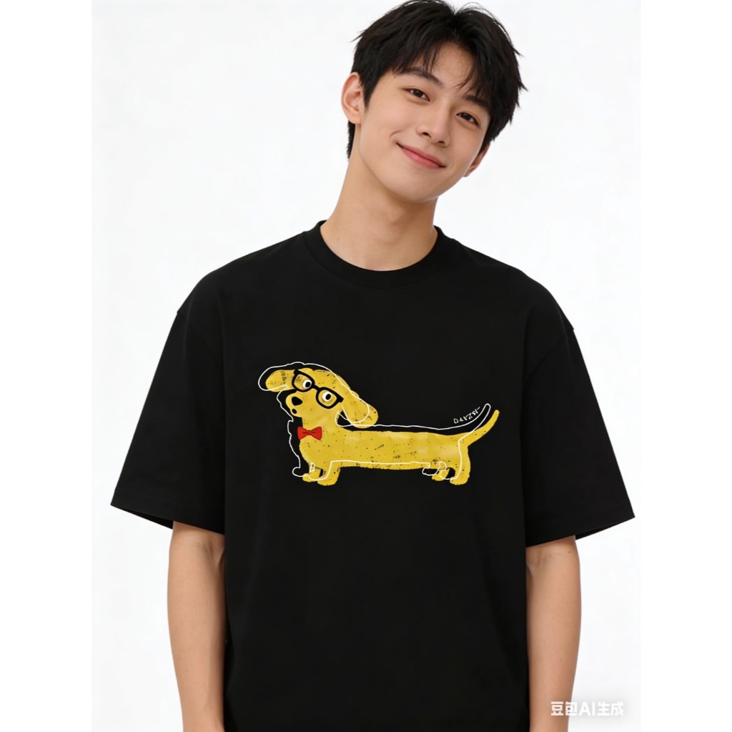 SGH01 เสื้อยืดลายหมาไส้กรอกใส่แว่น Dachshund สีดำ คอกลม ผ้านิ่ม ใส่สบาย ขนาด S-3XL เสื้อยืดการ์ตูนแฟชั่นสไตล์เกาหลี น่าร