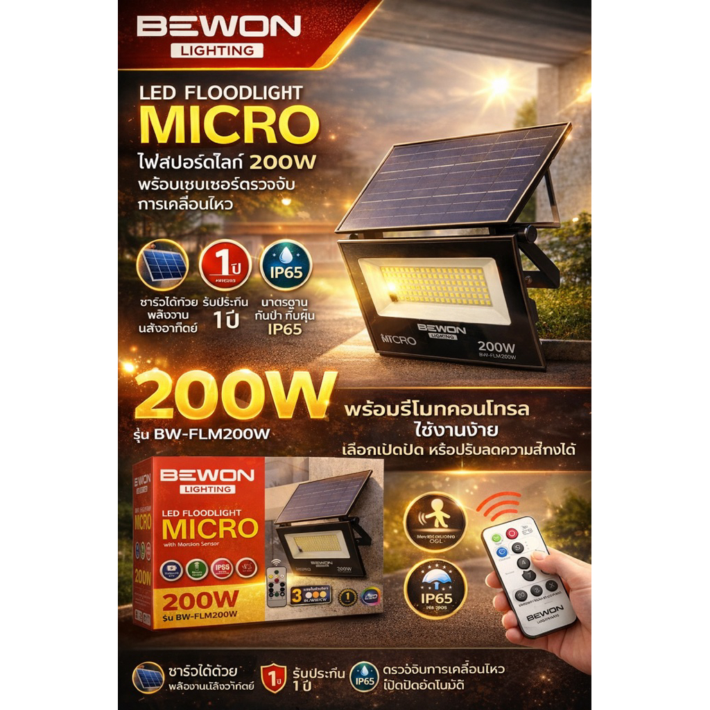 BEWON LED Floodlight MICRO Solar Light มี 2 ขนาด 100W และ 200Wสว่างทนทานใช้งานสดวก