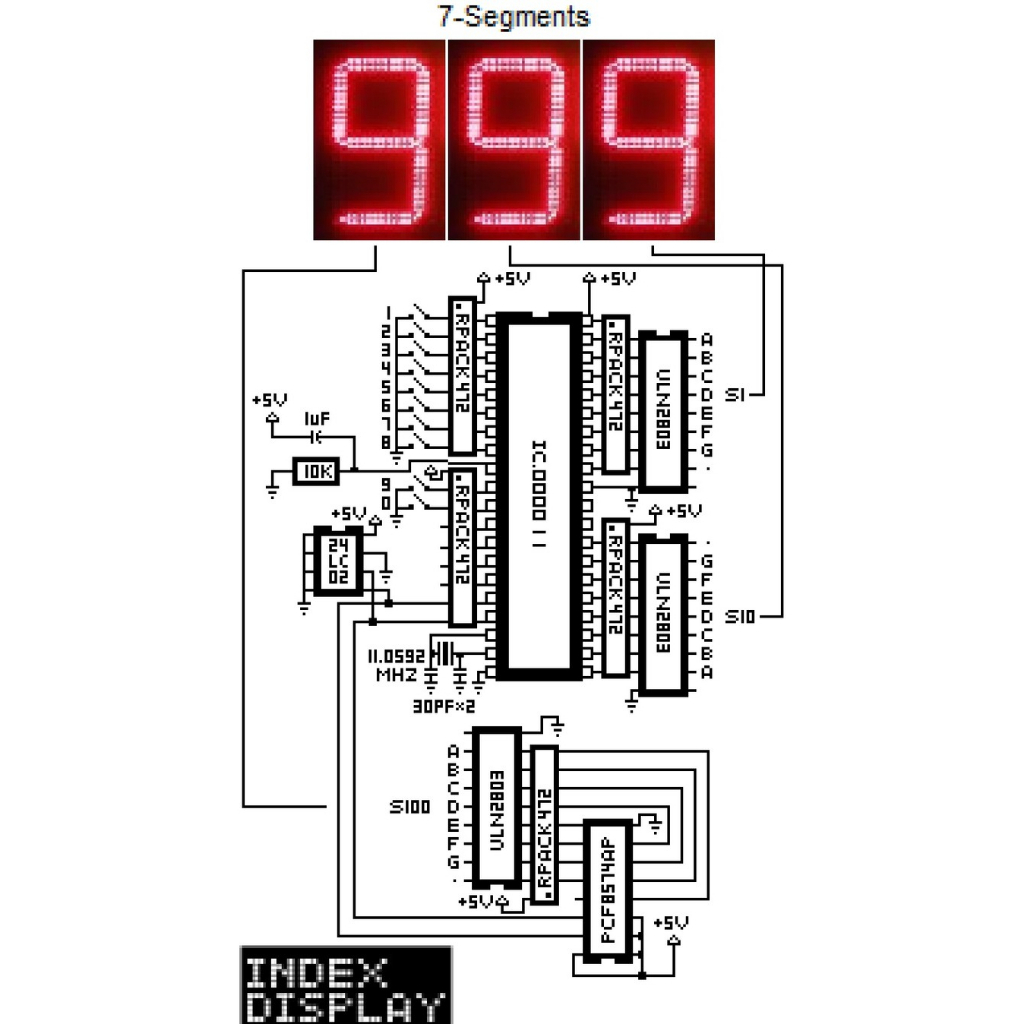 AT89C52 ไอซี วงจรป้ายกดตัวเลข  3 หลัก 0-999 สวิตซ์กดแบบ 10 ปุ่ม   แบบขับ 7-Segments/(ได้ไอซี 40ขาเท่