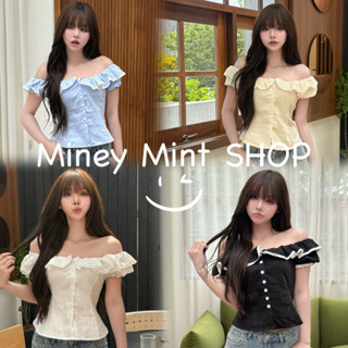 miniminey🌹 เสื้อแขนตุ๊กตา ผ้าคอตตอนทอลาย แต่งระบายลูกไม้ น้อ…