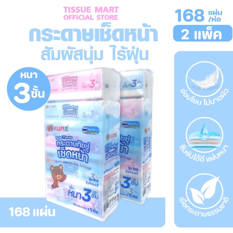 (LIVE)[โปร 2แพค] KUMA กระดาษทิชชู่เช็ดหน้า คุมะ ขนาด 168แผ่น หนา3ชั้น แพค 5ห่อ