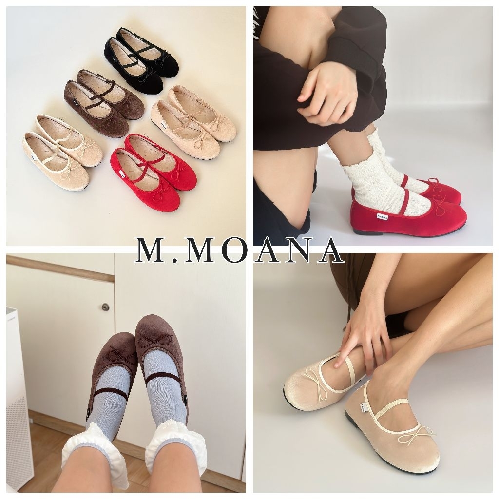 Velvet Ribbon Mary Jane ทรงบัลเล่ต์ผ้ากำมะหยี่ สุดนุ่มM.MOANA รองเท้าแมรี่เจน