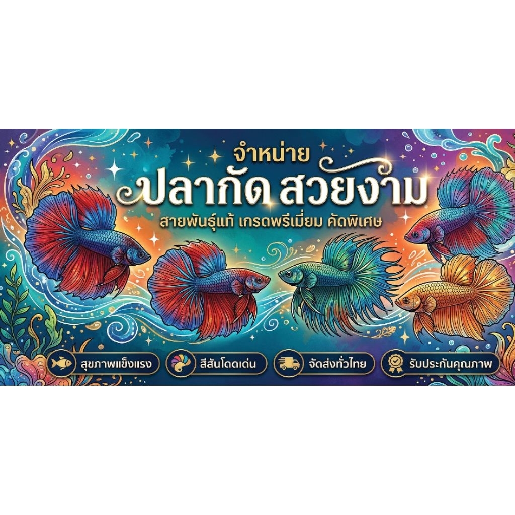 ป้ายไวนิลปลากัดสวยงามสำเร็จรูปพร้อมใช้งานพร้อมพับขอบตอกตาไก่ให้4มุม