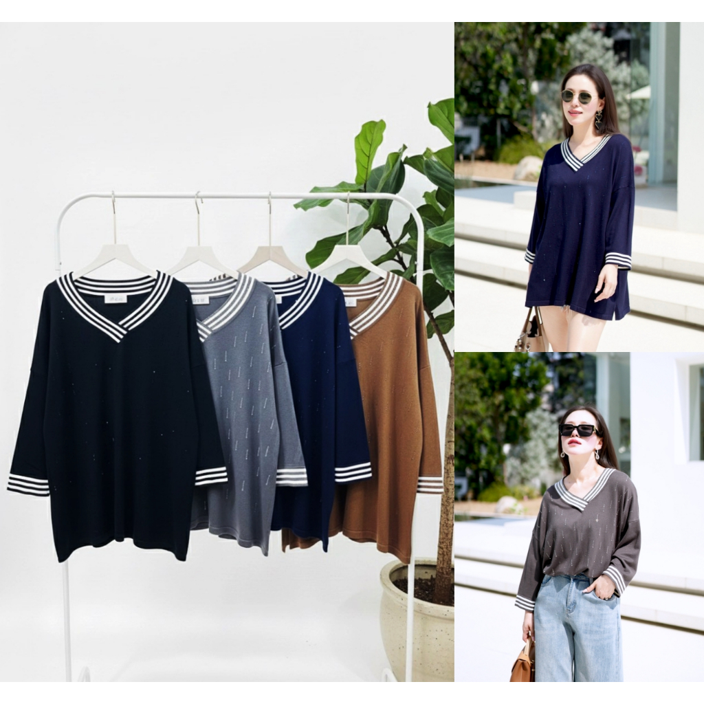 Lynlalin เสื้อไหมพรม คอวี เกรดพรีเมี่ยม แต่งอะไหล่รีดเพชรสีเดียวกันกับตัวเสื้อ รุ่น วีสไปรท์