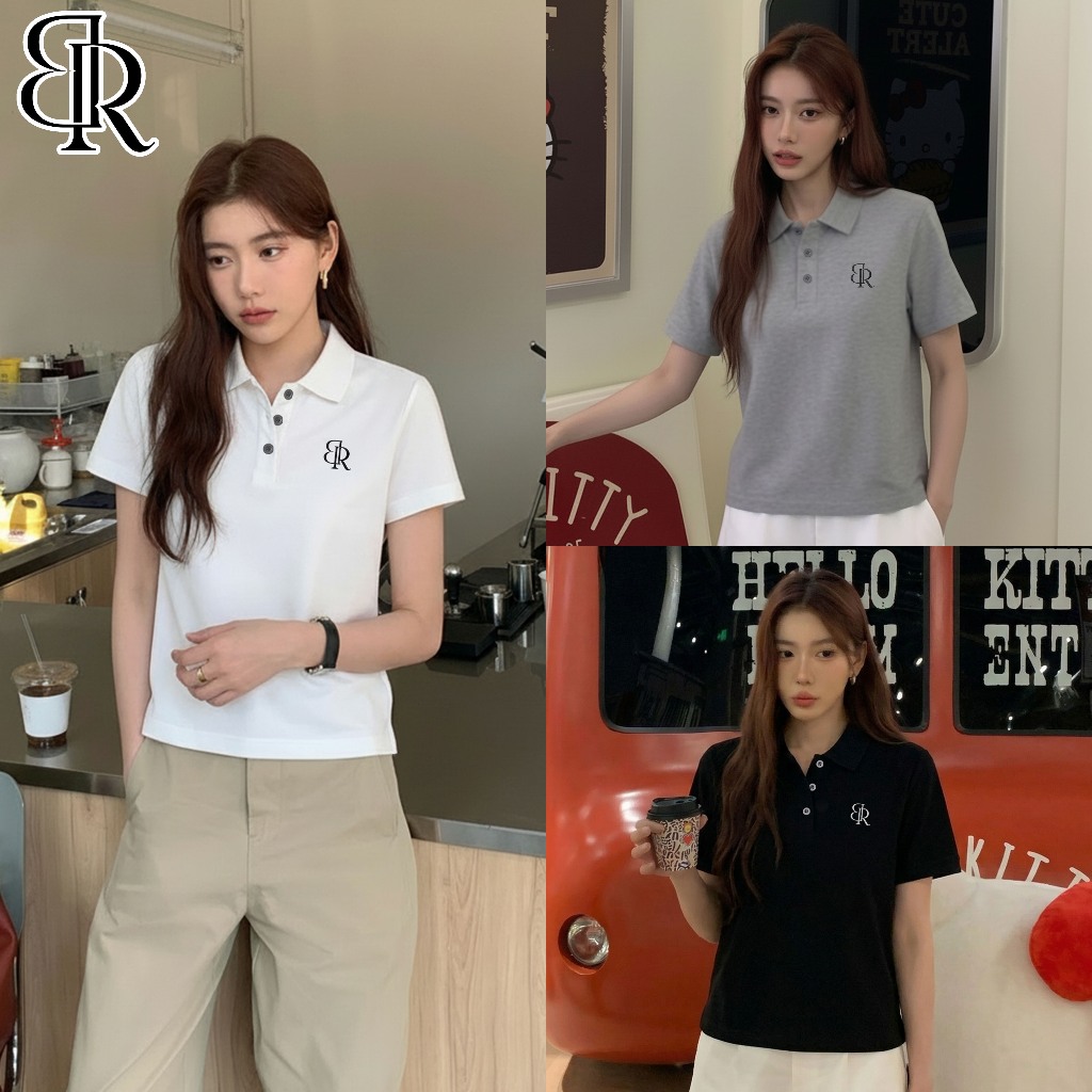 B&R พร้อมส่ง เสื้อโปโลเสื้อยืดแขนสั้นสำหรับผู้หญิงPolo เสื้อวินเทจทรงเข้ารูป ตกแต่งด้วยกระดุมและงานปัก