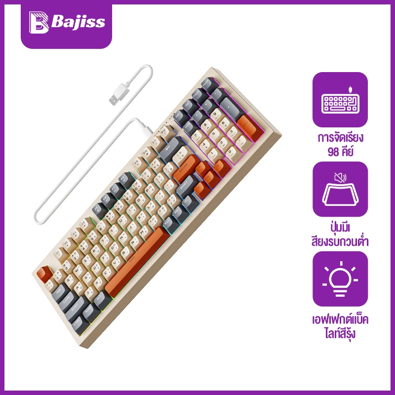 BAJISS ภาษาไทย คีย์บอ แป้นพิมพ์ภาษาไทย ไฟแบ็คไลท์ Keyboard TYPEC RGB เล่นเกม 98ปุ่ม For Windows98SE/ME/2000/XP/Vista/7