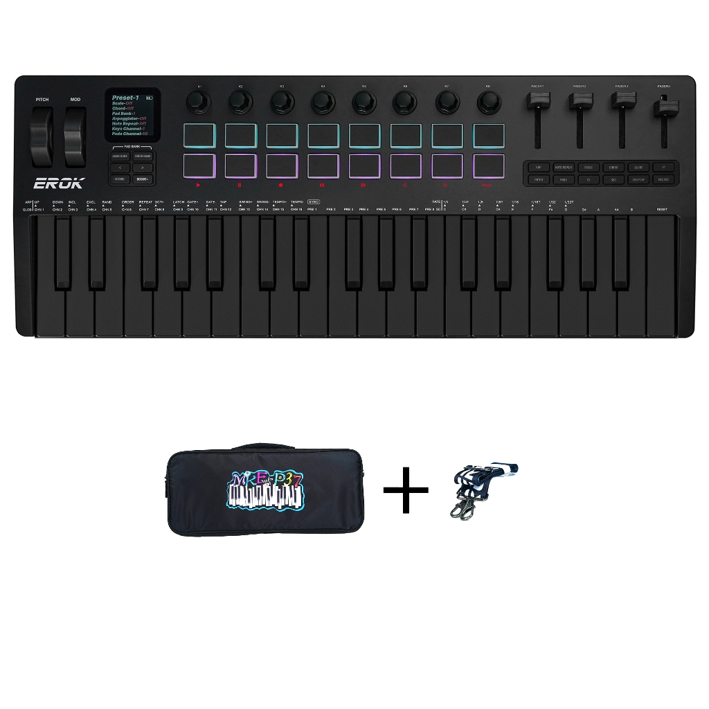 EROK MKE-P37 37 คีย์ MIDI คีย์บอร์ด 16 RGB Backlit Pads 3 Octave Range รองรับการเชื่อมต่อไร้สายเพื่อหลายระบบ