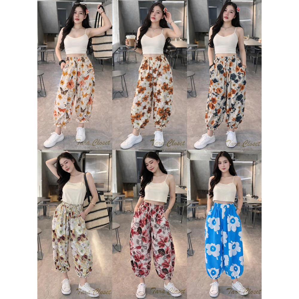 NE001 TARA Pants กางเกง 8 ส่วนทรงเจนนี่ ขาบอลลูน ฟรีไซซ์เอวยางยืด มีกระเป๋าข้าง จั๊ม ระบายที่ปลายขา ผ้าไหมอิตาลีลายดอก