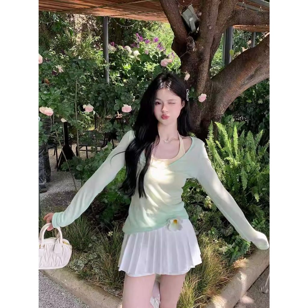 เสื้อยืดกันแดดสีเขียวมิ้นต์สำหรับผู้หญิง เสื้อคลุมซีทรูสำหรับฤดูร้อน ช่วยกระตุ้นสารโดปามีน ใช้งานได้หลากหลาย