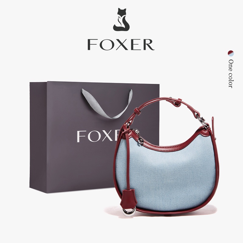 FOXER กระเป๋าสะพายไหล่หนังแท้จากผ้าเดนิม กระเป๋าสะพายข้างสุดเก๋สำหรับเดินทาง กระเป๋าถือความจุขนาดใหญ