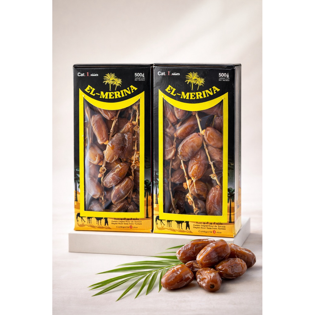 EL-MERINA อินทผลัมติดก้าน MERINA ต้นฤดูกาล ผลสวย กล่องละ500 กรัม อินทผลัมเดทเลคนัวร์