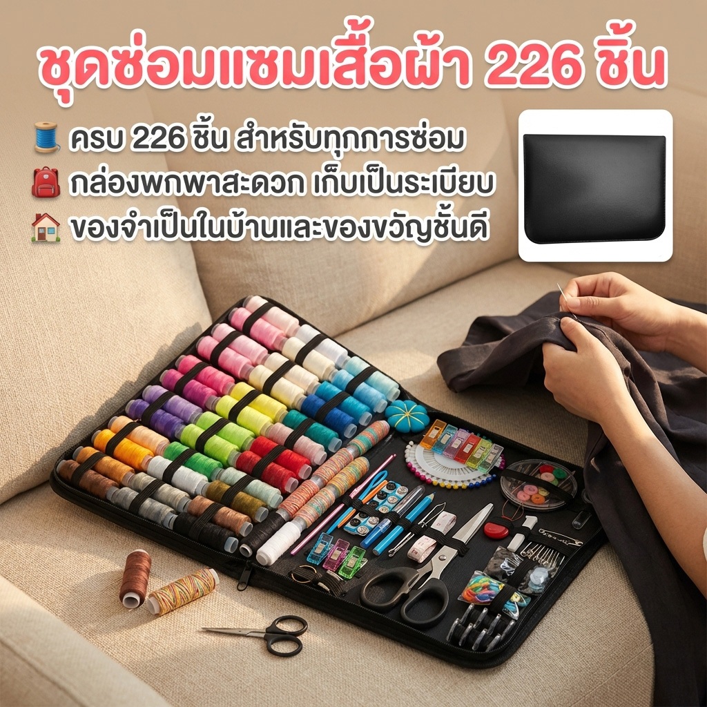 226 ชิ้น ชุดด้ายเย็บผ้า DIY อเนกประสงค์ เย็บกล่องชุดสายเข็มปุ่ม ไม้บรรทัดชุดอุปกรณ์เสริมสําหรั