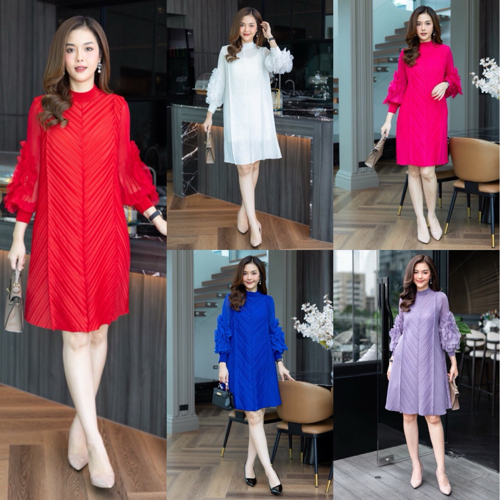 📌ทักก่อนสั่ง นางแบบสูง 174 Cm 📌 เดรสอัดพลีท อก42“-60” ชีฟองแต่งดอกไม้ cutie