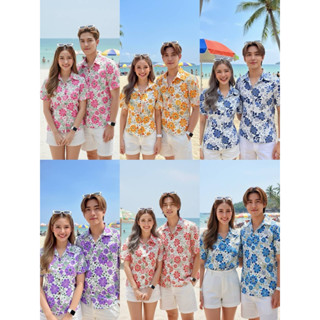 เสื้อพื้นเมืองคู่คอเชิ๊ตชาย/หญิงลายดอกชบา..