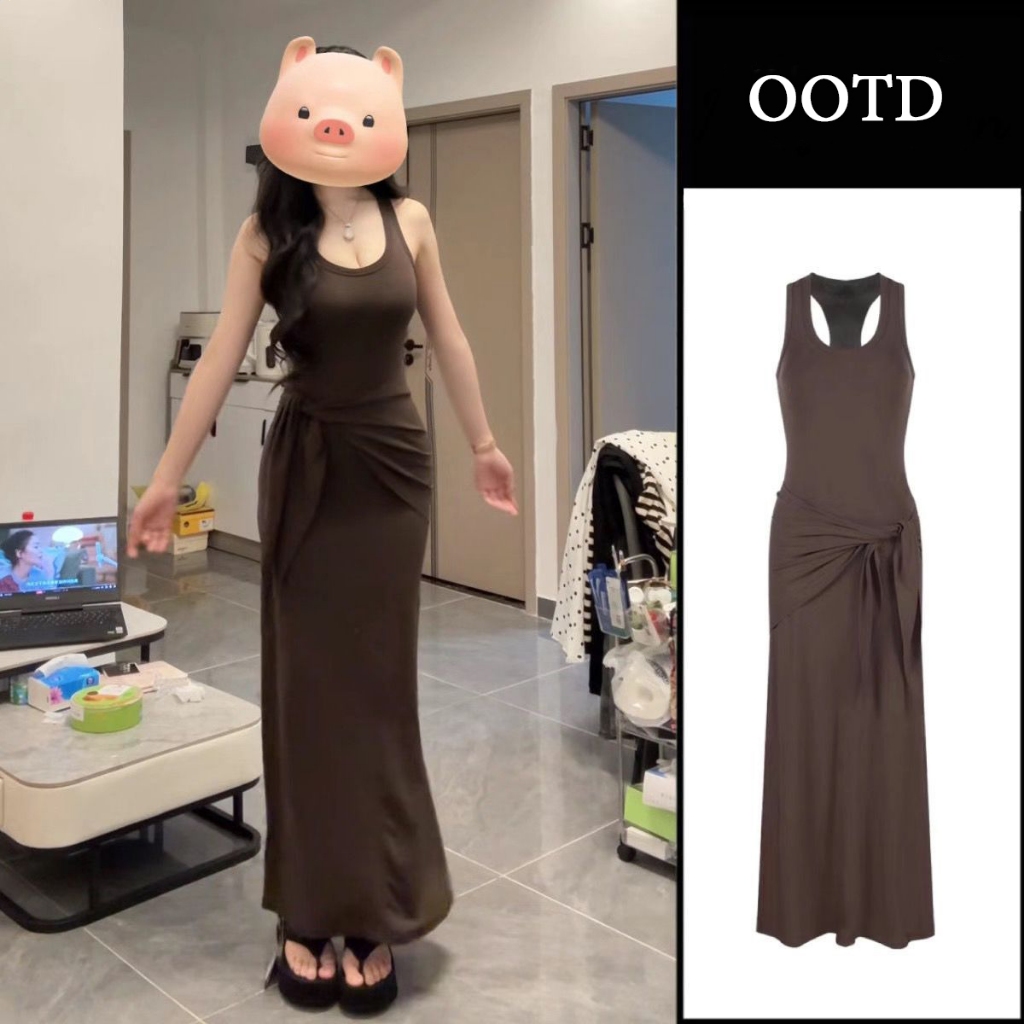 เดรสยาวทรงเสื้อกั๊กแบบลำลอง ดีไซน์มินิมอล ผูกเอว สไตล์สบายๆ 🧸🛍️สำหรับฤดูใบไม้ร่วง🎄