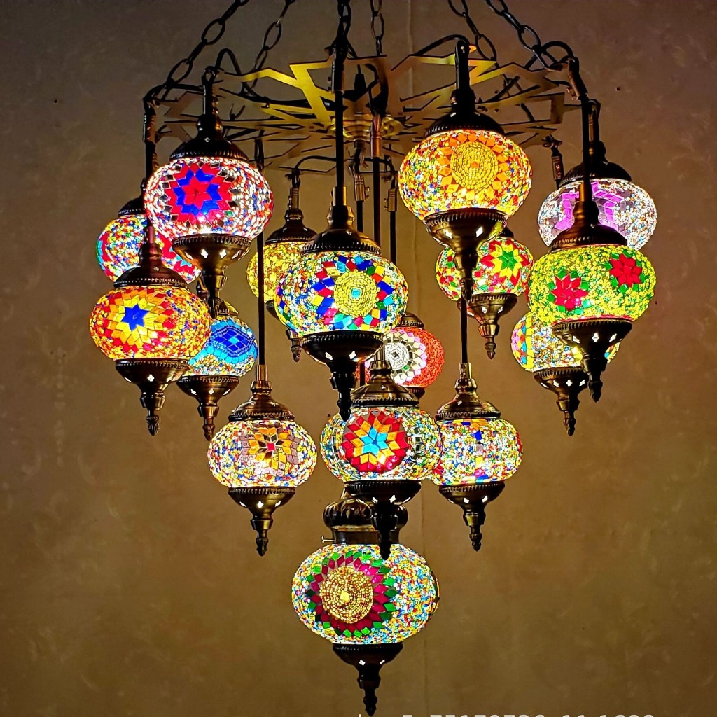 16 Heads Mediterranean Chandelier Vintage Handmade Glass Bohemian Pendant Lamp for Restaurant Hotel Home Decoration