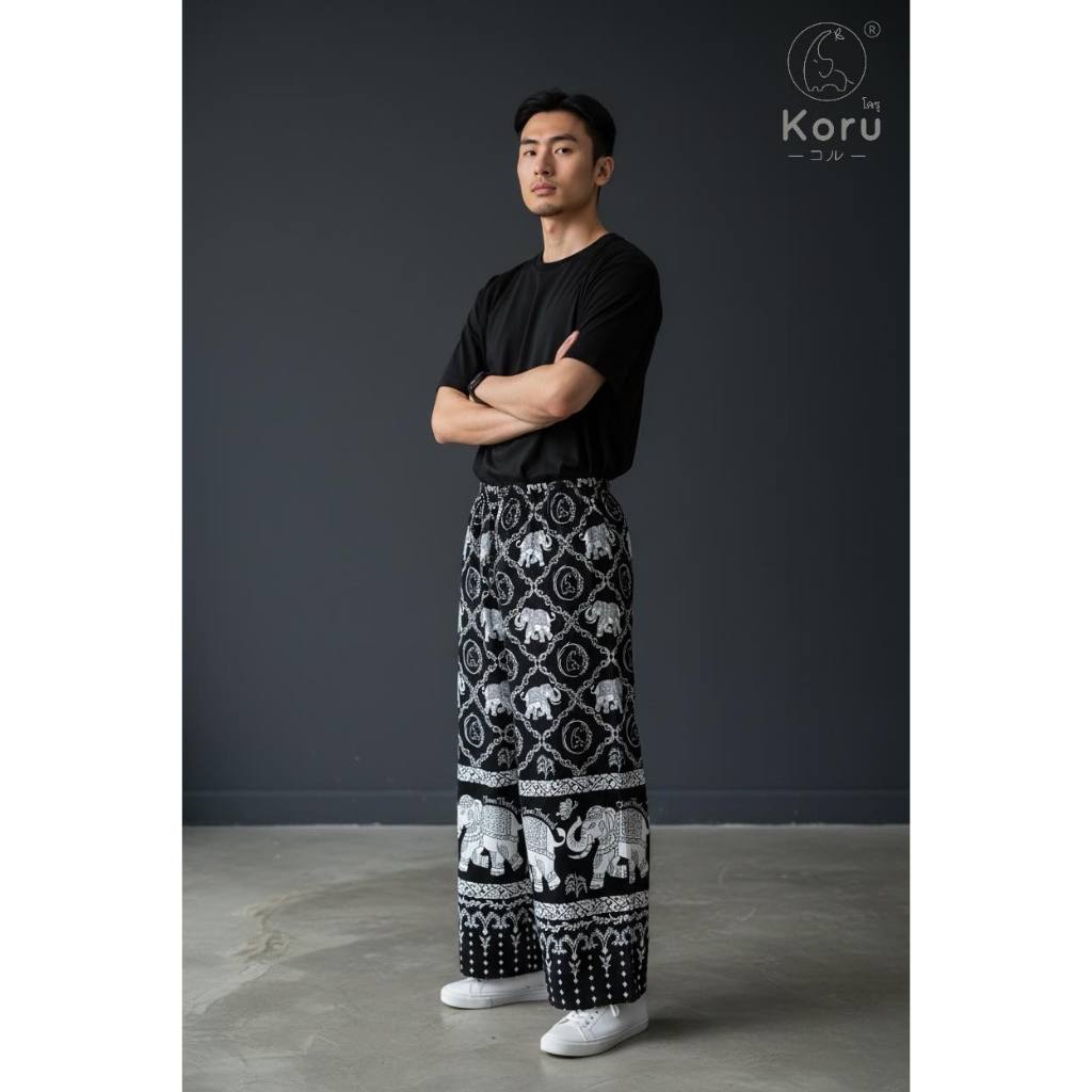 Koru กางเกง ลายช้างรวงข้าว ขากระบอกหลวม กระบอกเล็ก ขาจั้ม ผ้าโพลีเอสเตอร์ มีกระเป๋า 2 ข้าง