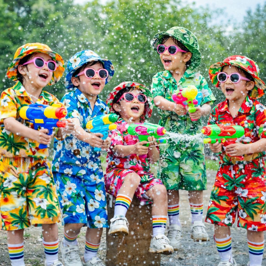 เสื้อฮาวายแขนสั้น พร้อมกางเกง ขาสั้น ลายดอก(ไม่รวมหมวก)