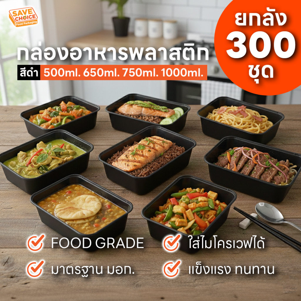 Save Choice กล่องพลาสติกใส่อาหาร กล่องใส่ข้าว กล่องสีดำ 500/650/750/1000 ml. Food Grade มาตรฐาน มอก. คุ้มค่า เซฟราคา