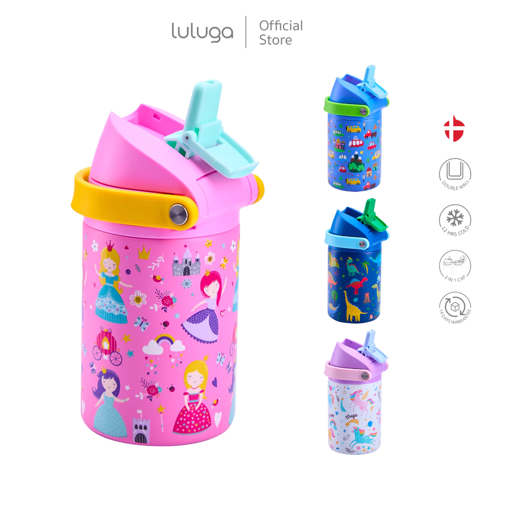 ขวดน้ำเด็ก LULUGA กระติกน้ำเด็กเก็บอุณหภูมิ ระบบสุญญากาศ 18/8 stainless steel 360 ml ดีไซน์ 2in1 หลอดดูดและยกดื่ม