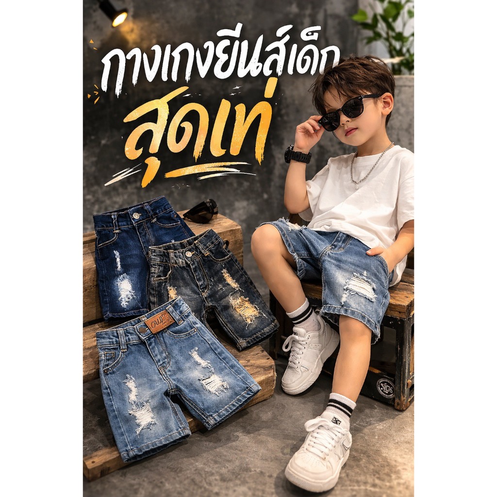 (KIDS) กางเกงยีนส์เด็กชาย-หญิง  ขาสั้น ขา 4 ส่วน วินเทจๆๆ  เอวยางยืด สีกางเกงผ่านการฟอกมาอย่างดี