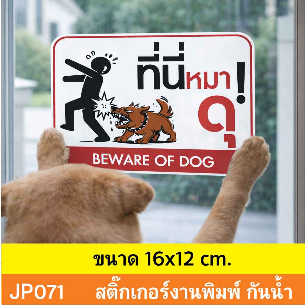 JP071 สติ๊กเกอร์ ระวังหมาดุ BEWARE OF DOG  สำหรับเตือนภัย บ้านที่มีสุนัขดุ กันน้ำ ทนแดด ติดได้ทุกพื้นผิว!