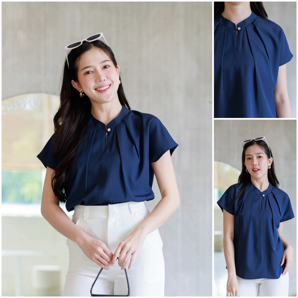 🚀มีส่งด่วน !! 💥เสื้อเบล้าส์คอจีนแต่งกระดุม แขนสั้น ดีเทลจับจีบคอ #l154SHOP_701