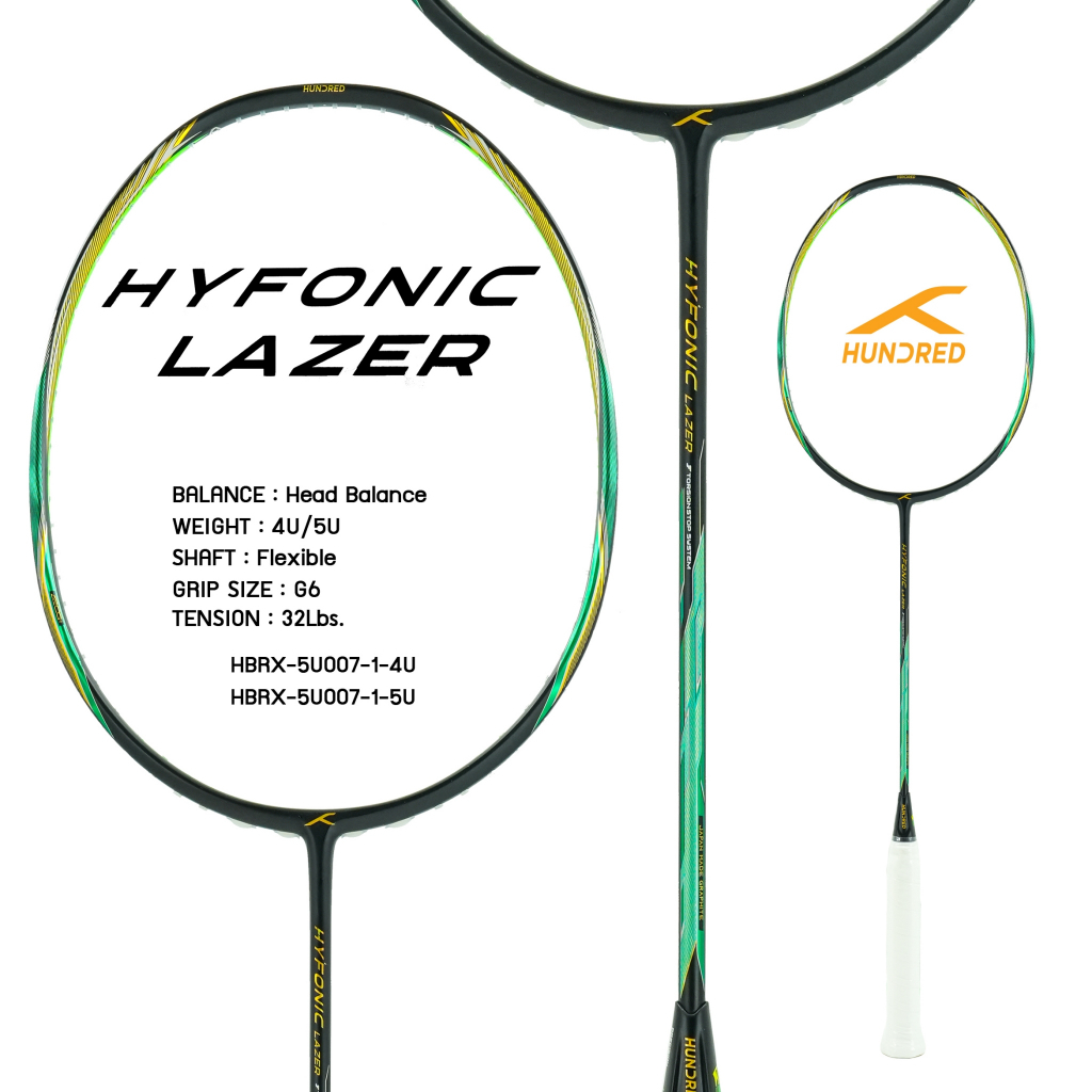 HUNDRED HYFONIC LAZER 4U/5U ไม้แบดมินตัน แถมซอง+กริปพันด้าม+เอ็น พร้อมขึ้นให้ฟรี เลือกได้ที่ ช้อปเพิ่มคุ้มกว่า