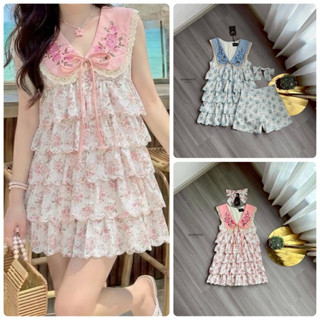 Nannapat ชุดไปทะเล ชุดไปคาเฟ่ เดรสระบายๆคู่กับกางเกง