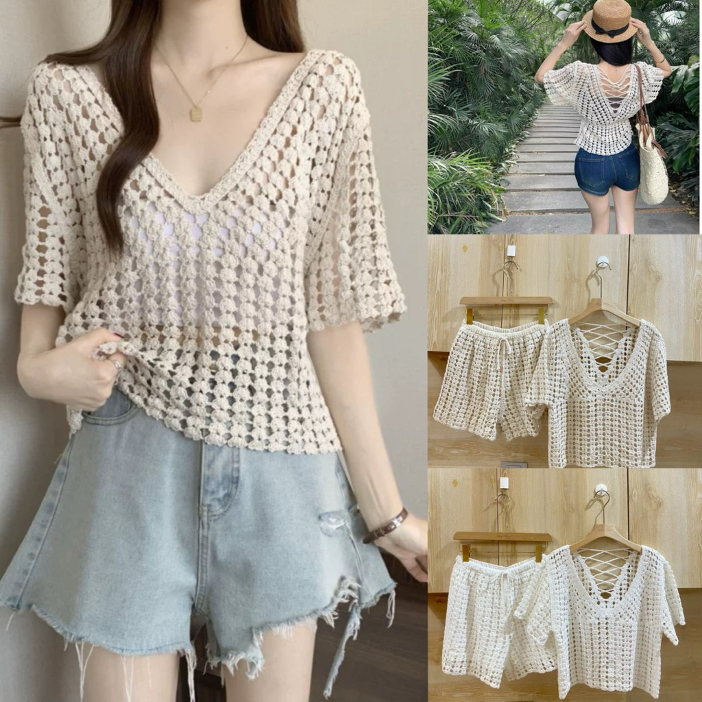 เช็ตเสื้อแขนสั้นลูกไม้ไขว้หลัง +กางเกง เซ็ตสำหรับผู้หญิง (มีขายแยกค่ะ)