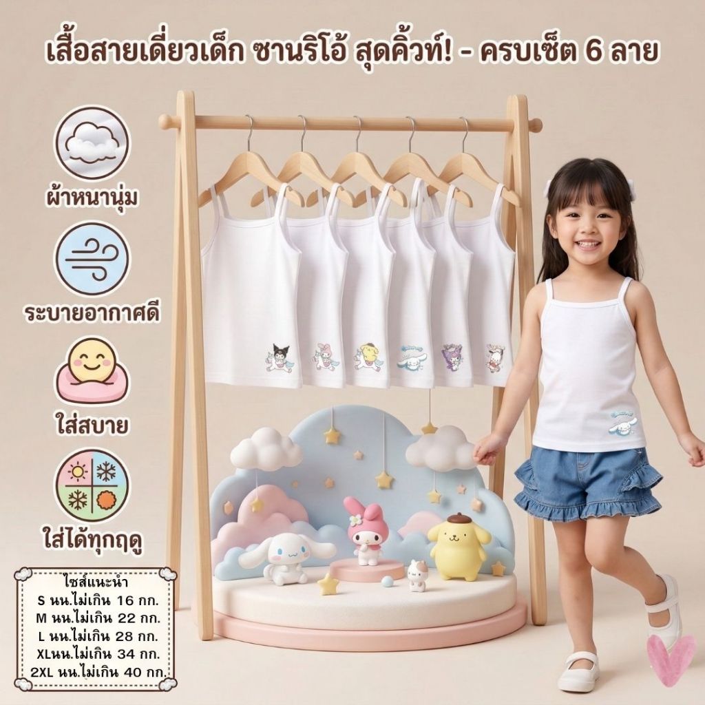 เสื้อซับในสายเดี่ยว ซับในเด็ก ผ้านุ่มใส่สบายซักแล้วไม่ยับ 1-11 ปี 10-40 กิโลกรัม