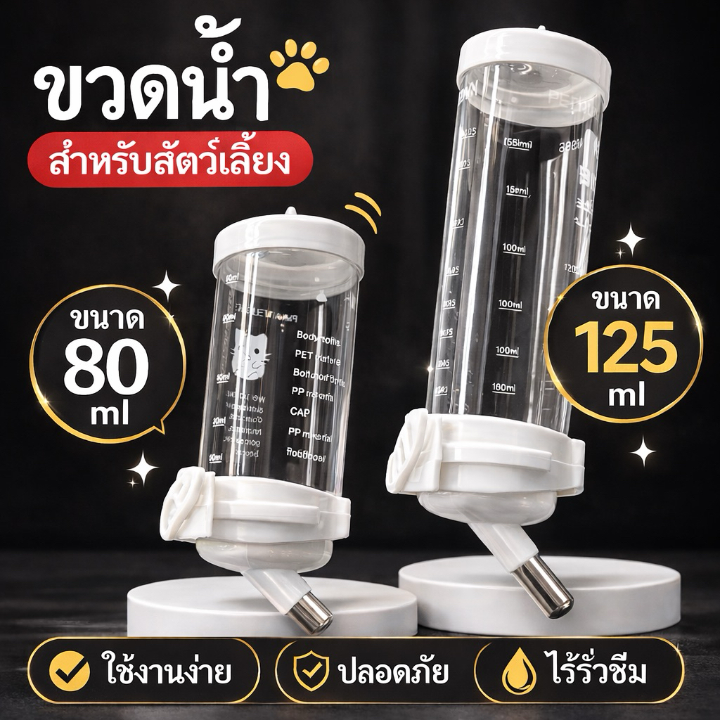 ขวดน้ำสัตว์เลี้ยงแบบหัวลูกกลิ้ง สำหรับแฮมสเตอร์ กระต่าย หนู ติดกรงได้ (80ml / 125ml)
