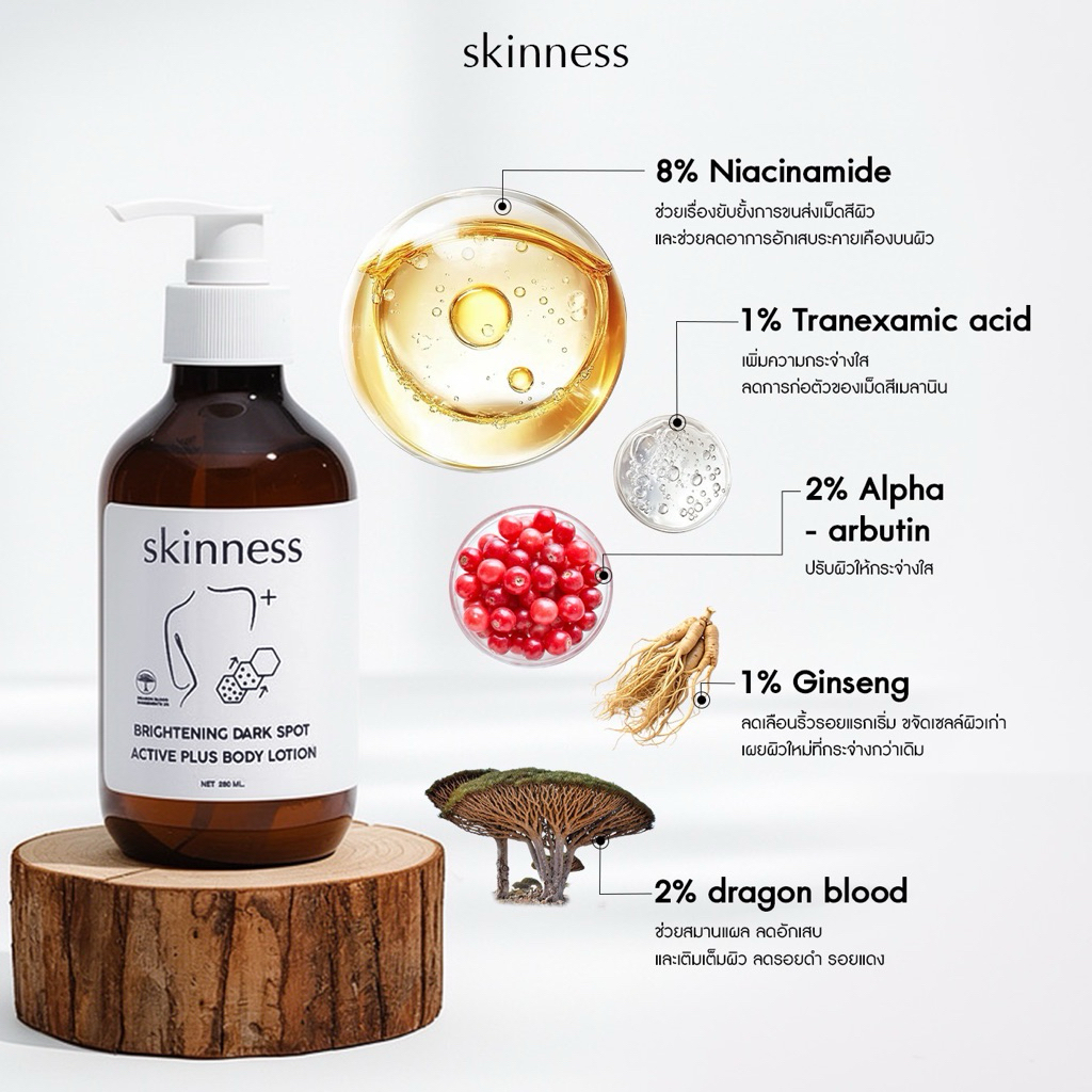 สูตรใหม่! [พร้อมส่งทุกวัน] skinness brightening dark spot active plus body lotion | ครีมลดรอยดำสูตรฝาขาว รูปที่ 8