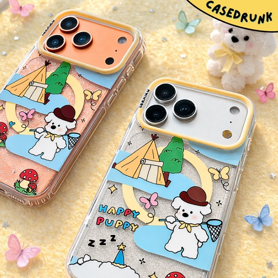 เคสสำหรับไอโฟน Magnetic ลาย Camping Puppy เคสใสกันกระแทก กันกล้อง ชาร์จไร้สาย 13 14 15 16 17 Pro Max