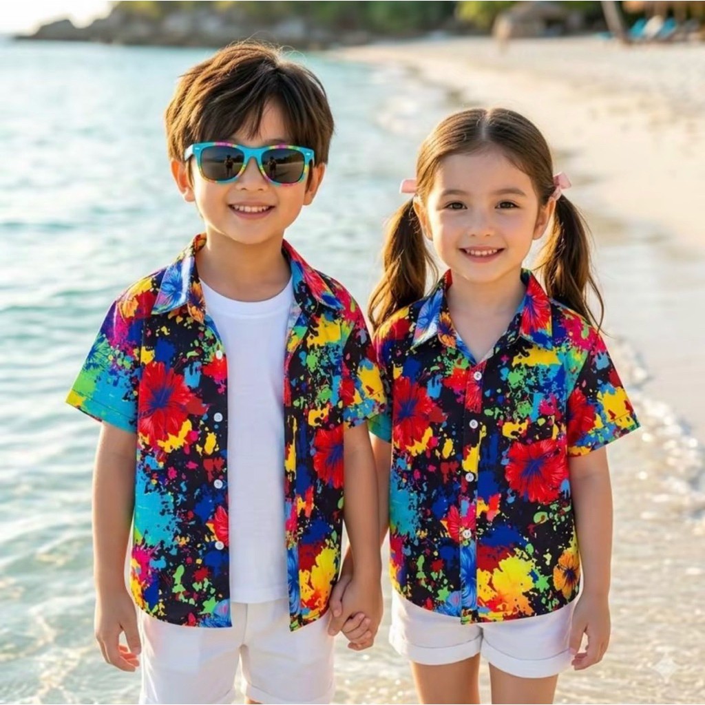 เสื้อฮาวายเด็ก เสื้อเชิ้ตสงกรานต์เด็ก เด็กชายหญิงใส่ได้ ผ้านิ่มลื่นใส่สบาย พร้อมส่ง