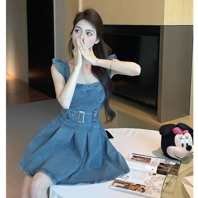 Gdhes house เดรสยีนส์ดีไซน์เก๋ สไตล์สาวเซ็กซี่ เอวคอด สวยเรียว ลายจีบวินเทจ #88001