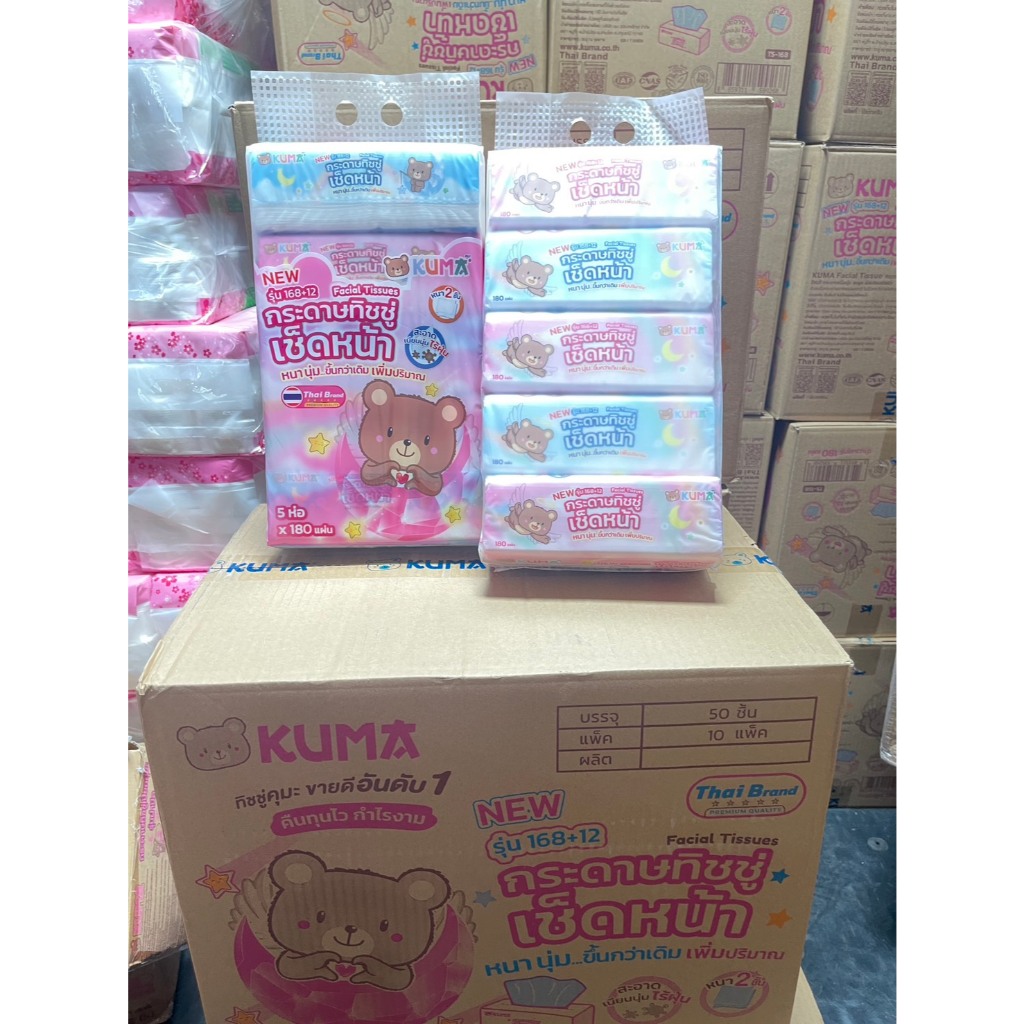 กระดาษเช็ดหน้าคุมะ KUMA แพ็ค 5 ห่อๆละ 168 + 12 แผ่นรวม 900 แผ่น รุ่นใหม่