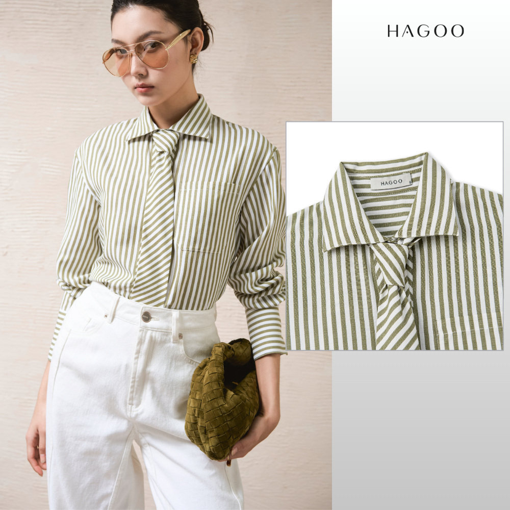 HAGOO เสื้อเชิ้ตผู้หญิง ผูกไท คอปีกนก ลายทาง ลุคทำงานเรียบหรู [A8109]