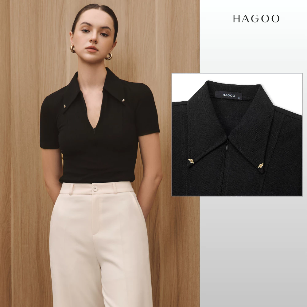 HAGOO เสื้อยืดผู้หญิง คอปก ซิปหน้า แต่งกระดุม ลุคทำงานมินิมอล [A8007]