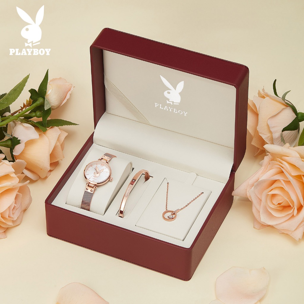 PLAYBOY นาฬิกา ผู้หญิง 100% ต้นฉบับ กันน้ำ สเตนเลส สร้อยคอ กำไล สีไวน์ ชุดกล่องของขวัญ 2037